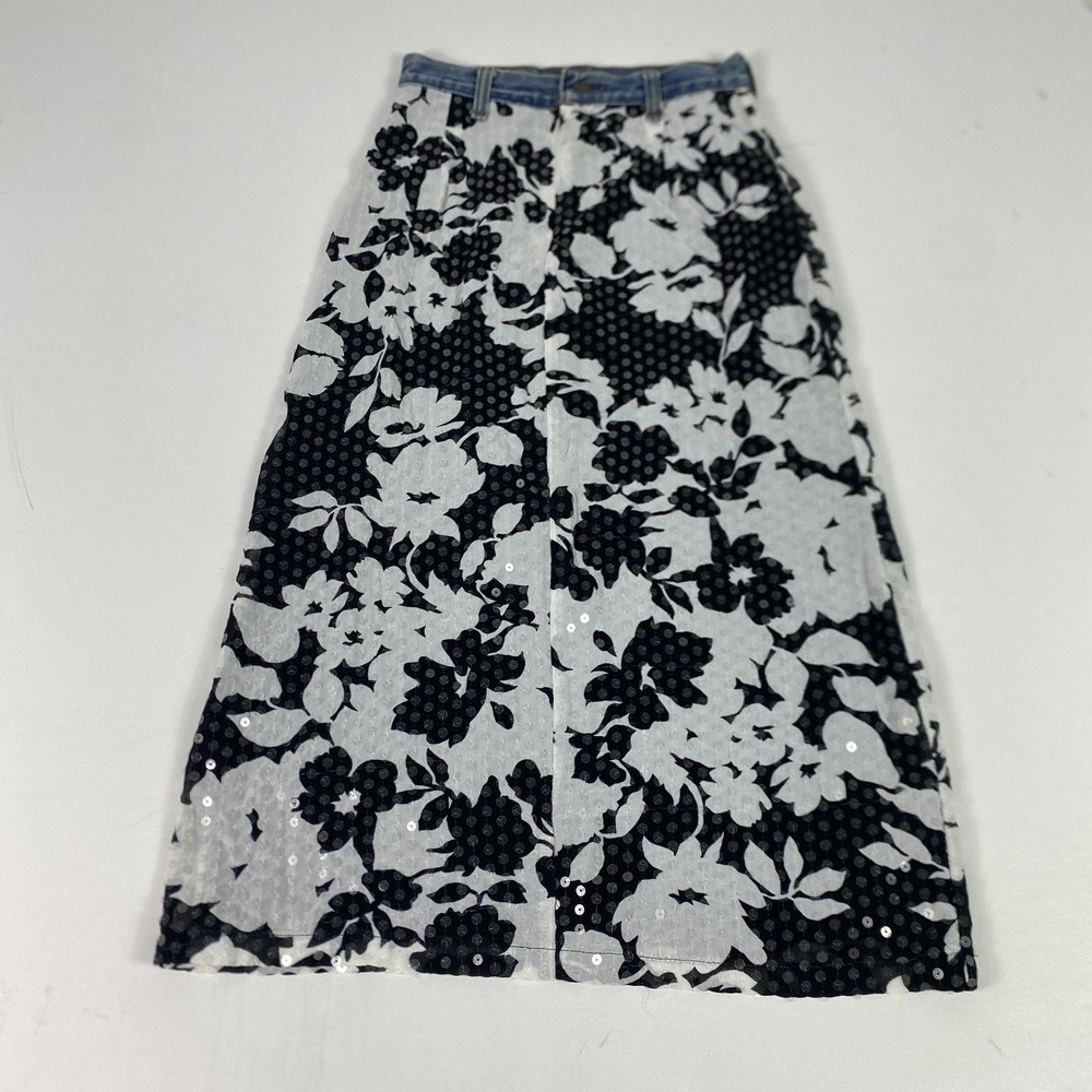 Ruth Skirt Sz XS Black Floral Sequin‎ Chiffon Denim Waist Midi Y2K Anthropologie